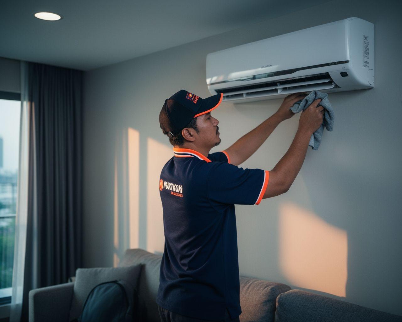Airbrix technician servicing a wall-mounted aircon in a Cyberjaya apartment